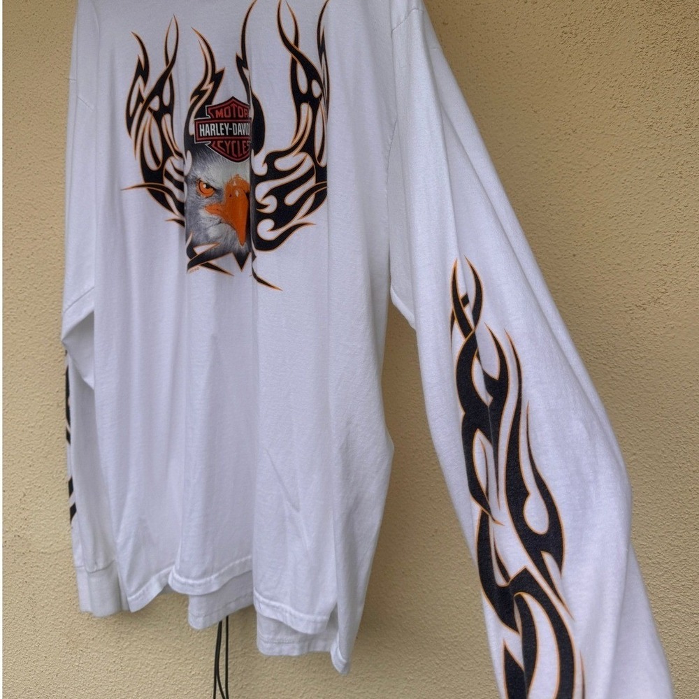 Vintage Harley Davidson Eagle Tribal Flame Sleeve White Long Sleeve Shirt XL y2k